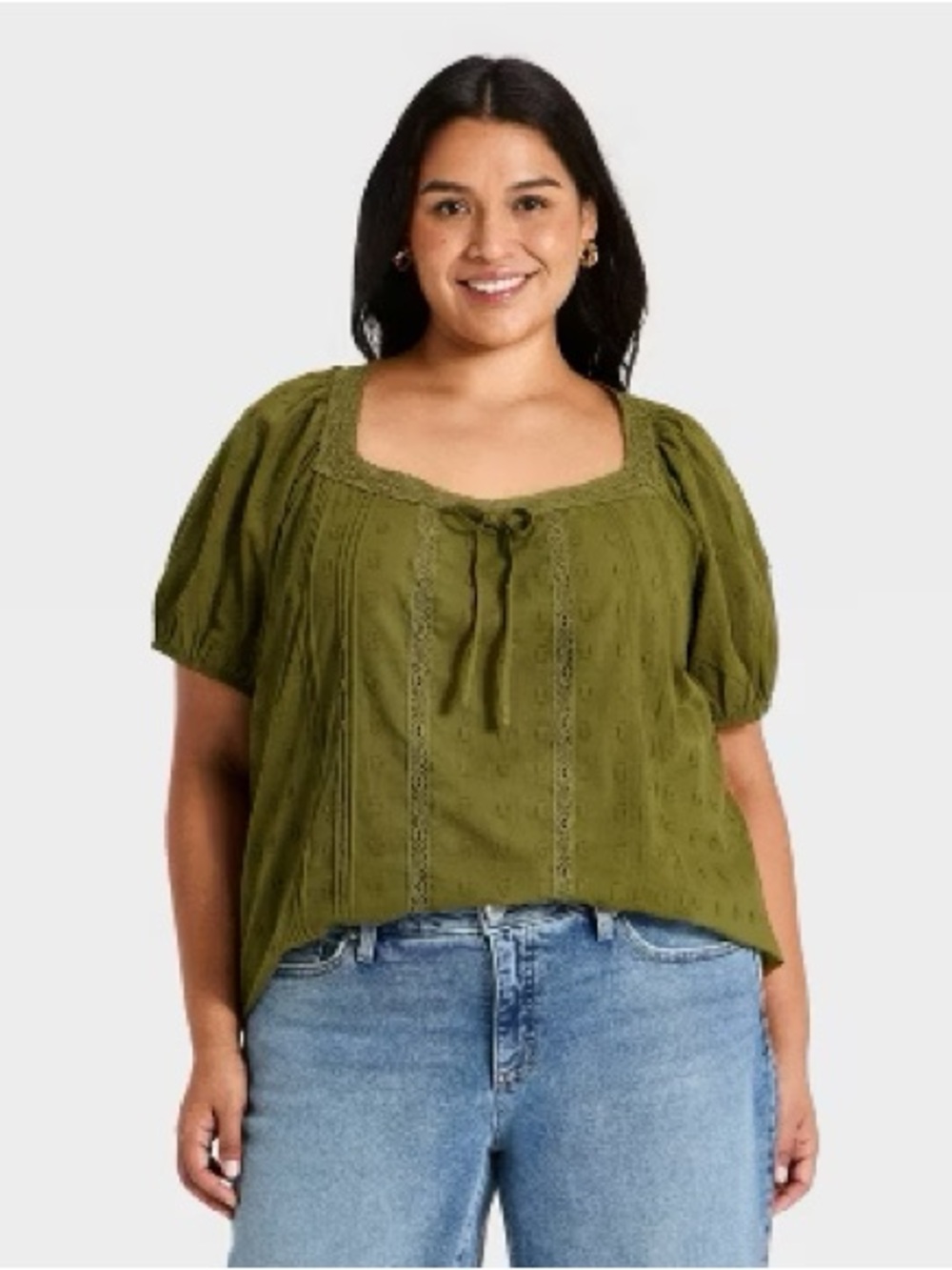 NWT Ava & Viv Olive Green Puff Sleeve Tie Front Lace Trim V Neck Short Sleeve 2X